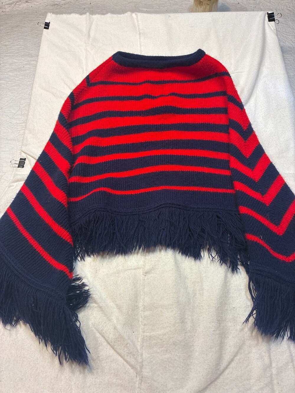Zara Red and Navy Blue Striped Cropped Knit Sweater with Fringe